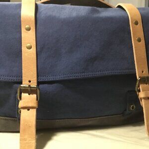 NWOT Blue/Charcoal Fabric Bag with shoulder strap/leather trim: Unisex